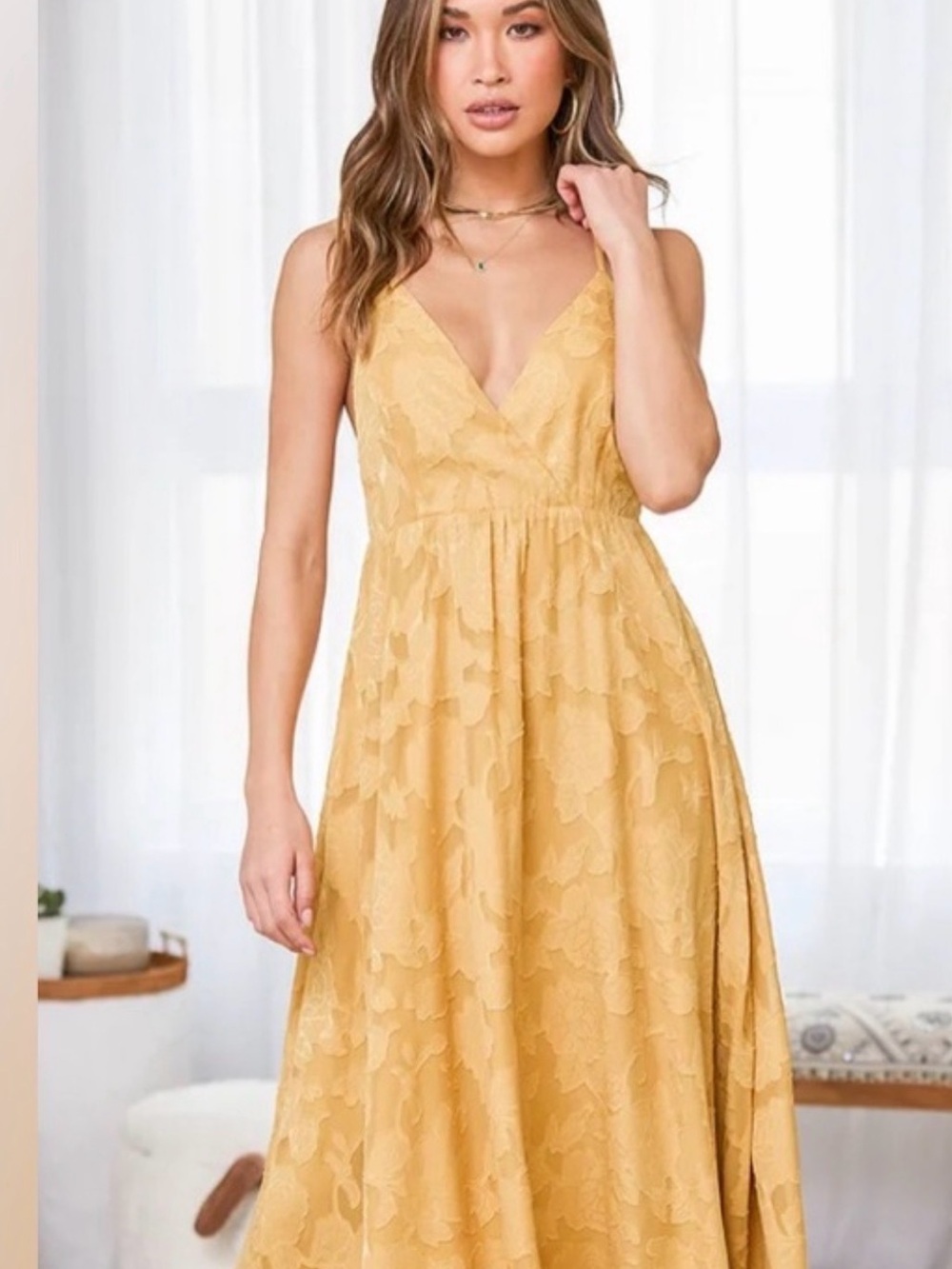 Lulu’s Philosophy of Beauty Burnout Floral Midi Dress MEDIUM Mustard Yellow